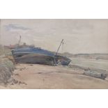 Early 20th century watercolour, beached fishing boats, unsigned, 12" x 18", framed.
