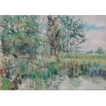20th century British School, oil on canvas board, view over a pond, signed with initial F,
