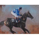 Malcolm Coward SEA (born 1949), oil on board, race horse and jockey "Going To Post", signed,