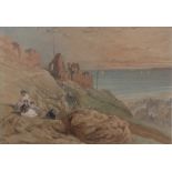 John Salmon (1844-1917), watercolour, girls resting near Hastings Castle, signed, 10" x 15", framed.