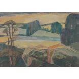 Manner of Graham Sutherland, watercolour, expressionist landscape, unsigned, 13" x 19", framed.