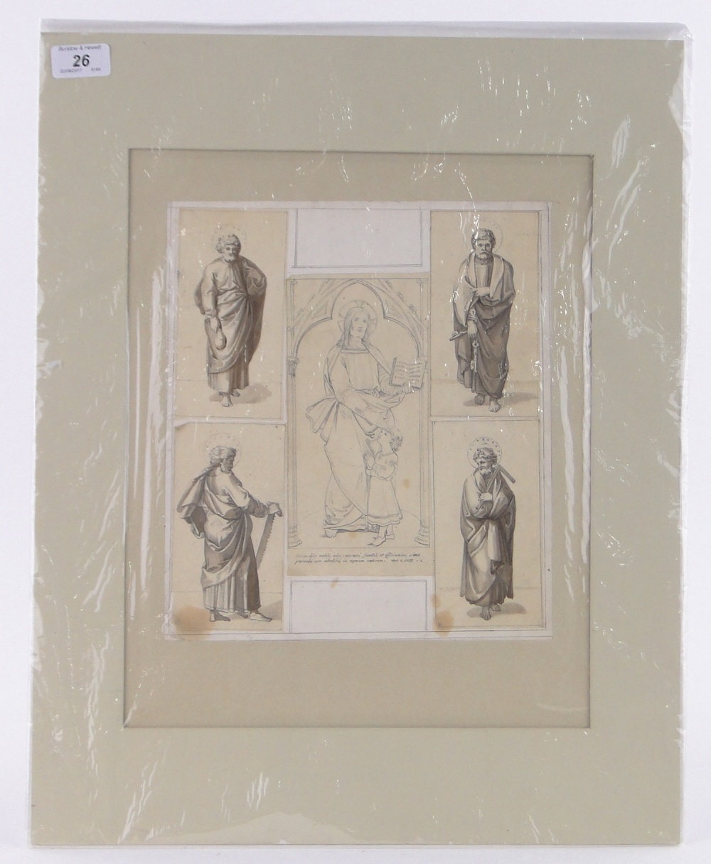 19th century German School, brown ink and wash, Christ and the four Apostles, 11" x 9.5", mounted. - Image 2 of 4