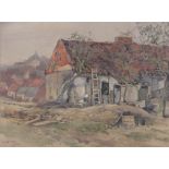 V Ward, watercolour, figures outside an old cottage, signed and dated 1918, 11" x 14", framed.