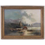 19th century oil on canvas, unloading the catch, signed with monogram, 20" x 28", framed.