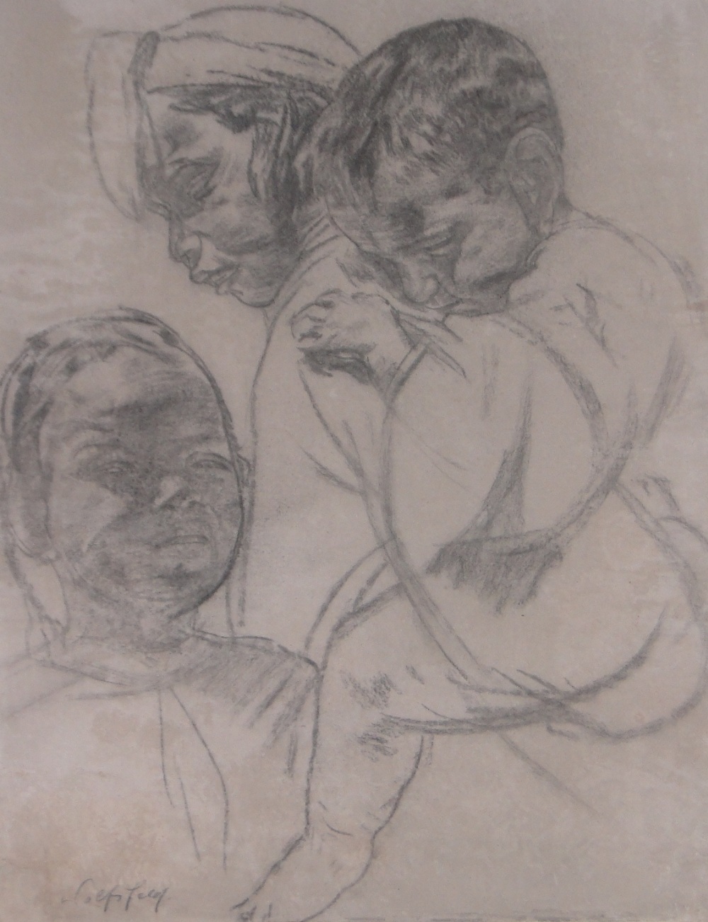 Erich Wolfsfeld (1884-1956), charcoal drawing, African woman and children, signed, 28" x 22",