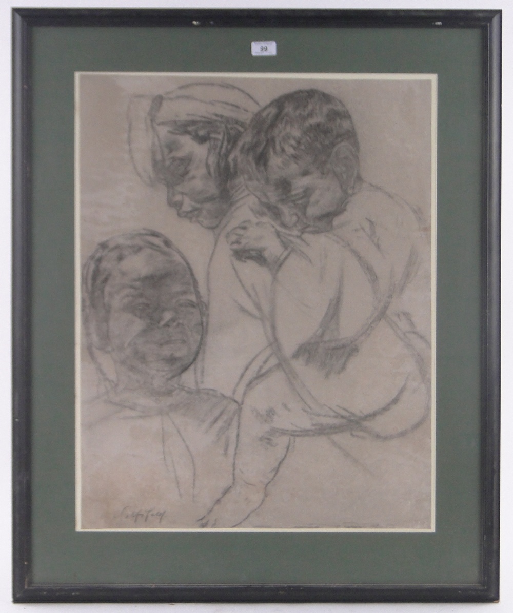 Erich Wolfsfeld (1884-1956), charcoal drawing, African woman and children, signed, 28" x 22", - Image 2 of 4