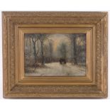 Attributed to Louis Apol, oil on wood panel, horsedrawn cart on a snow covered forest road, signed,