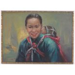 Ming, oil on canvas, Chinese woman and child, signed, 20" x 28", framed.