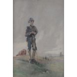 19th/20th century watercolour, a young herdsman, unsigned, 17.5" x 11.5", framed.