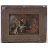 19th century oil on wood panel, a gathering around a table, unsigned, 10" x 12", framed.