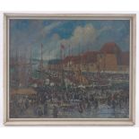 Cecil Lawson (exh 1913-1923), oil on board, busy harbour scene and fish market, Bergen, signed,