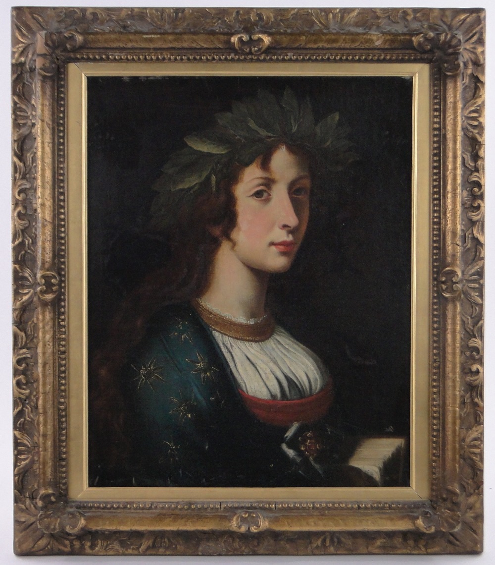 18th century oil on canvas, classical portrait, The Sybil, unsigned, 22" x 17.5", framed.