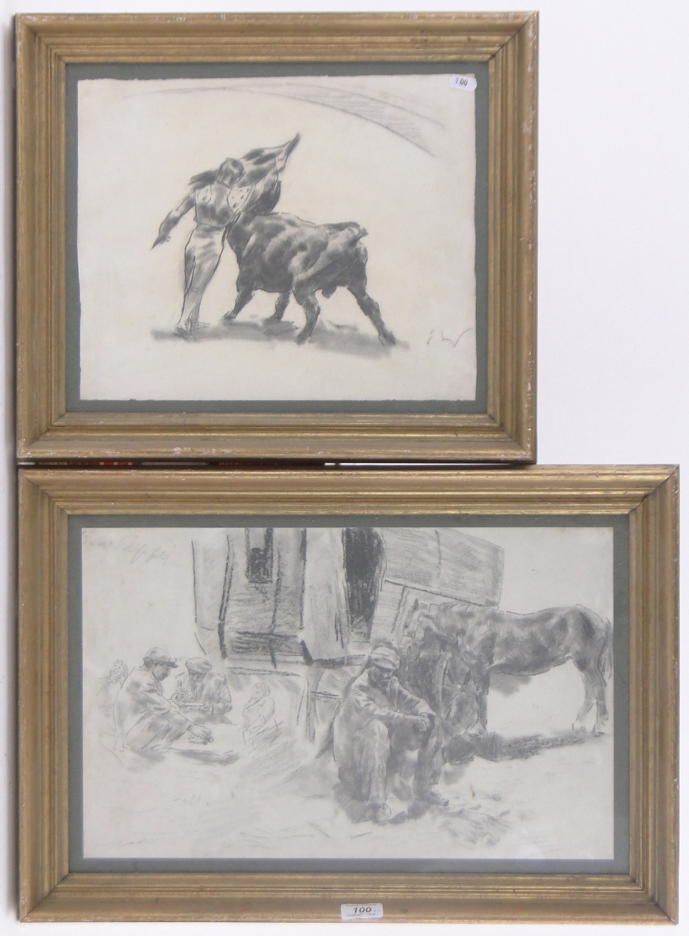 Erich Wolfsfeld (1884-1956), charcoal drawing, farm workers, signed, 12" x 20" and Matador,