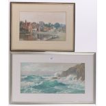 Herbert H Bingley, watercolour, rough seas on the rocks, 10" x 20", 2 other watercolours,