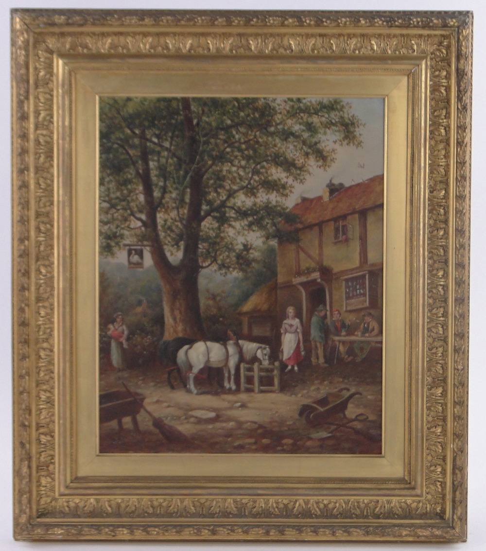 G J Pothill, oil on canvas, a scene outside a Country Inn, signed and dated 1901, 20" x 16", framed.