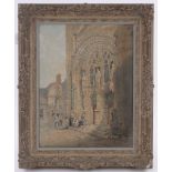 Samuel Prout, ink and watercolour, figures on cathedral steps, signed, 17" x 13", framed.