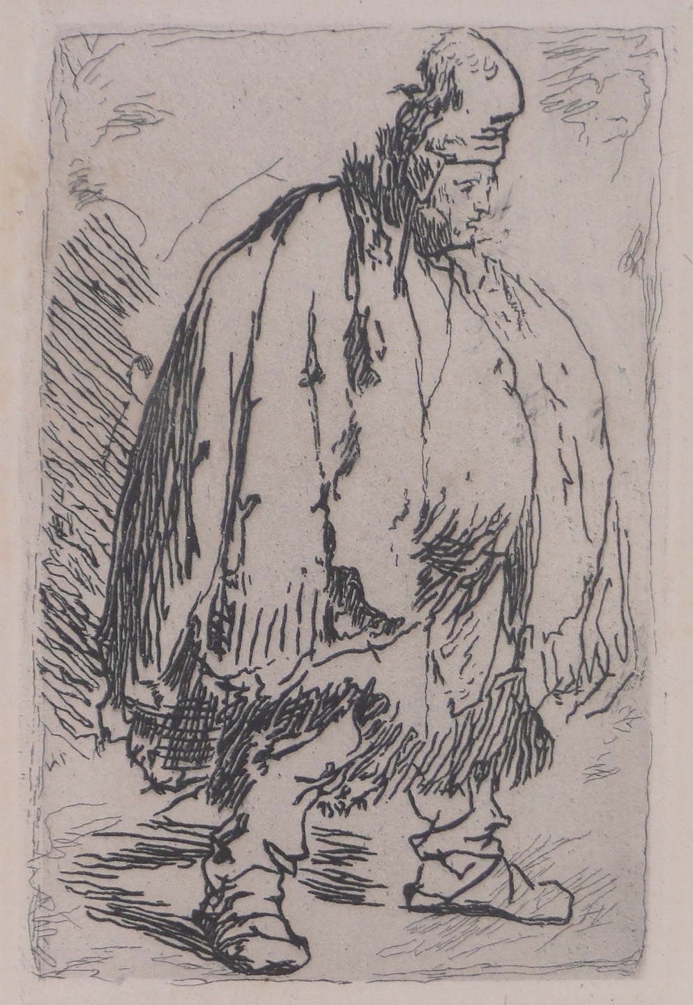 After Rembrandt, etching, a beggar published 1880, plate size 4.5" x 3", framed.