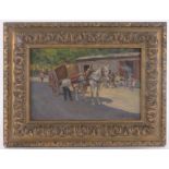 20th century European School, oil on panel, street scene with a horsedrawn cart,