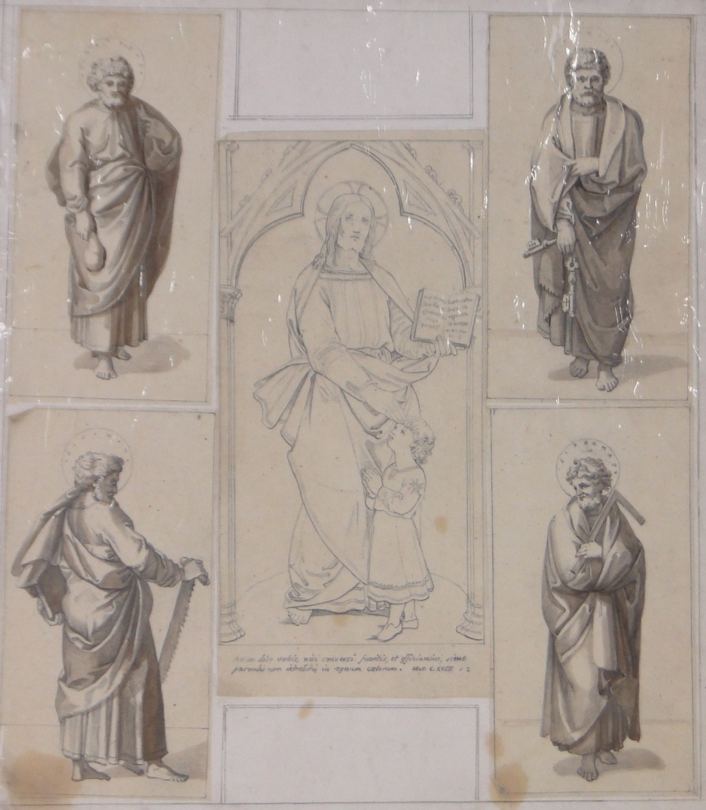 19th century German School, brown ink and wash, Christ and the four Apostles, 11" x 9.5", mounted.