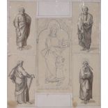 19th century German School, brown ink and wash, Christ and the four Apostles, 11" x 9.5", mounted.