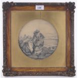 W P Steel, 19th century pencil drawing, fisherwomen on the coast, signed, tondo, 7.25" across.