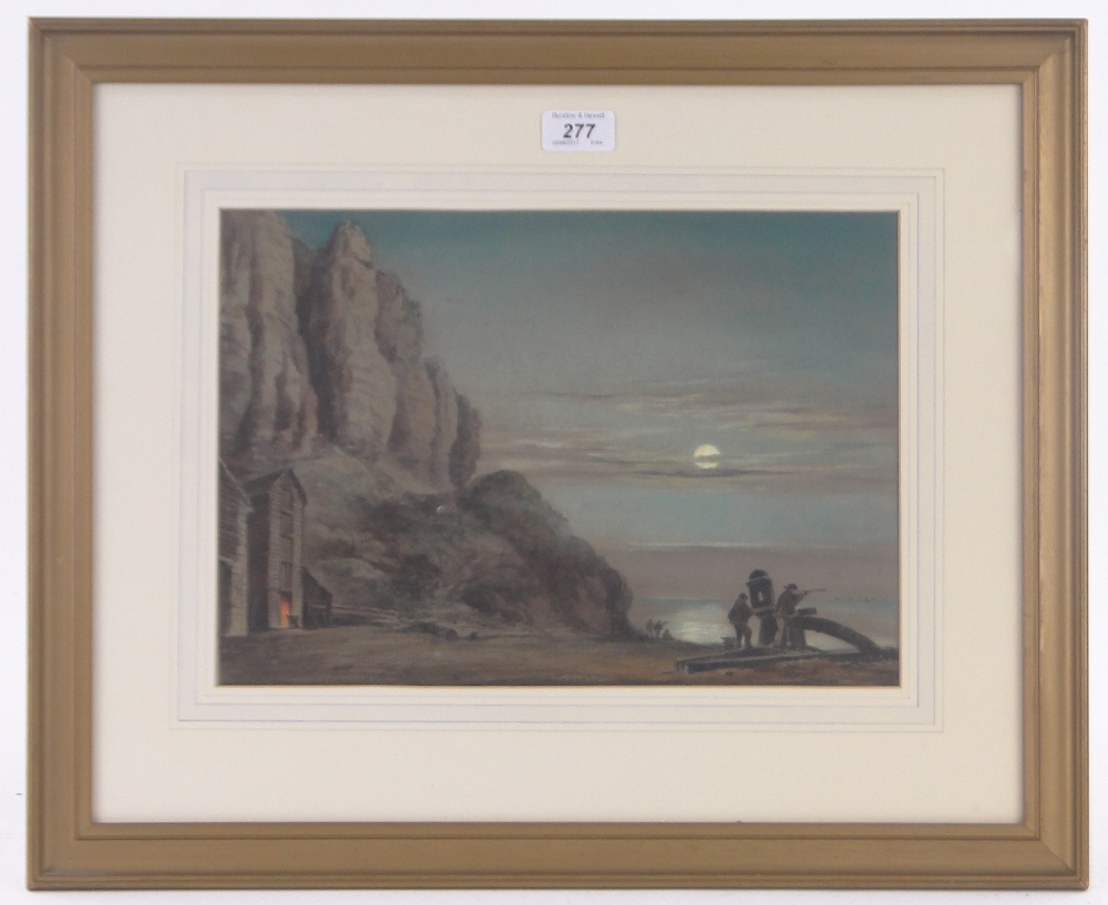 19th century watercolour, Customs Officers' on the lookout at Hastings by moonlight, unsigned, - Image 2 of 4