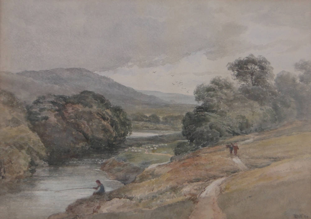 Edmund Morison Wimperis (1835-1900), watercolour, Welsh river landscape, signed with monogram,