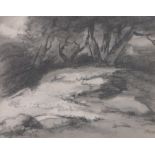 Doctor Thomas Munro (1759-1833), charcoal drawing, glade with rocks, 6.5" x 8", framed.