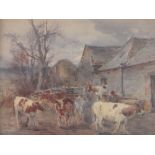 Owen Bowen (1873-1967), watercolour, milking time, signed and dated 1905, 8" x 11", framed.