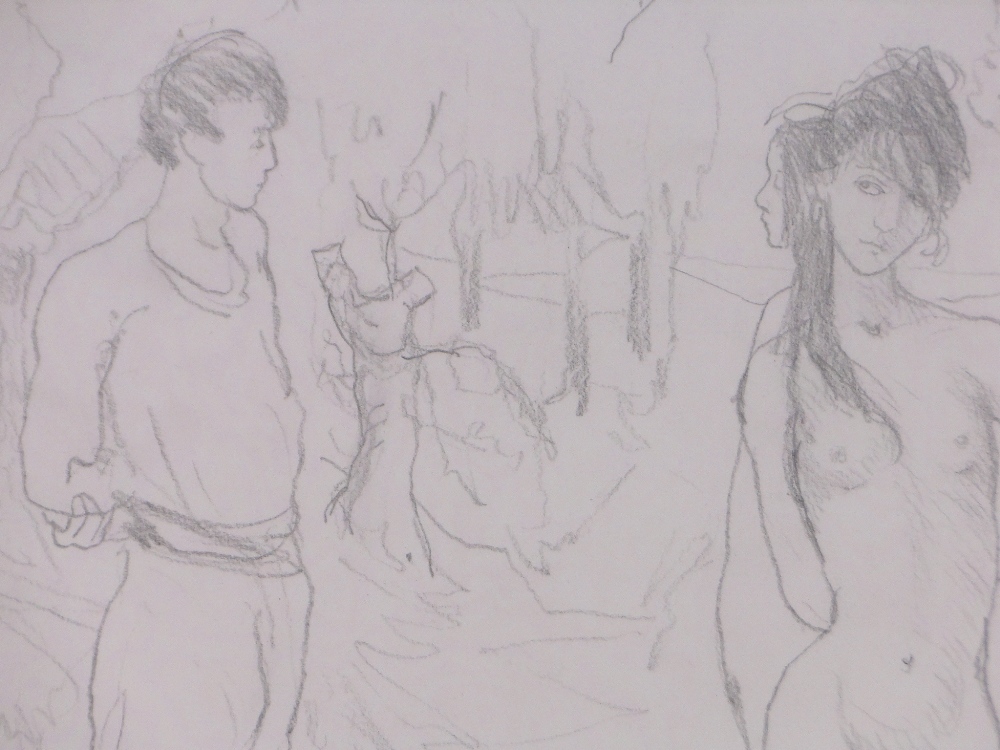 Tom Keogh (1900-1970), pencil drawing, 3 figures in a landscape, 12" x 14", mounted, - Image 3 of 4