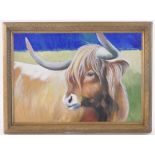 Clive Fredriksson, oil on board, Highland cow, 15" x 21", framed.