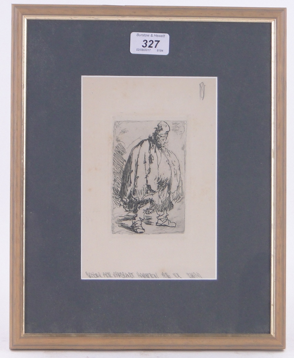 After Rembrandt, etching, a beggar published 1880, plate size 4.5" x 3", framed. - Image 2 of 4