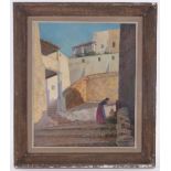 Salvador Sanchis, oil on canvas, continental street scene, signed, 18" x 15", framed.