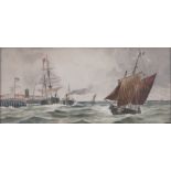 19th/20th century watercolour, busy harbour scene, unsigned, 6.5" x 15", framed.