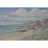 19th century Continental School, oil on canvas, beached fishing boats, indistinctly signed,