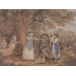 19th century watercolour, hide and seek, unsigned, 15" x 20", framed.