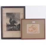 Hyman Segal, etching, cat and kittens, p 5" x 7", Charles Montbard, etching, a passing shower,