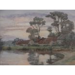 Louisa Margaret Watts, watercolour, farm pond, signed, 12" x 15", framed.