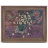 Miranda Leonard, batik, still life flowers, signed, 15" x 20", framed.