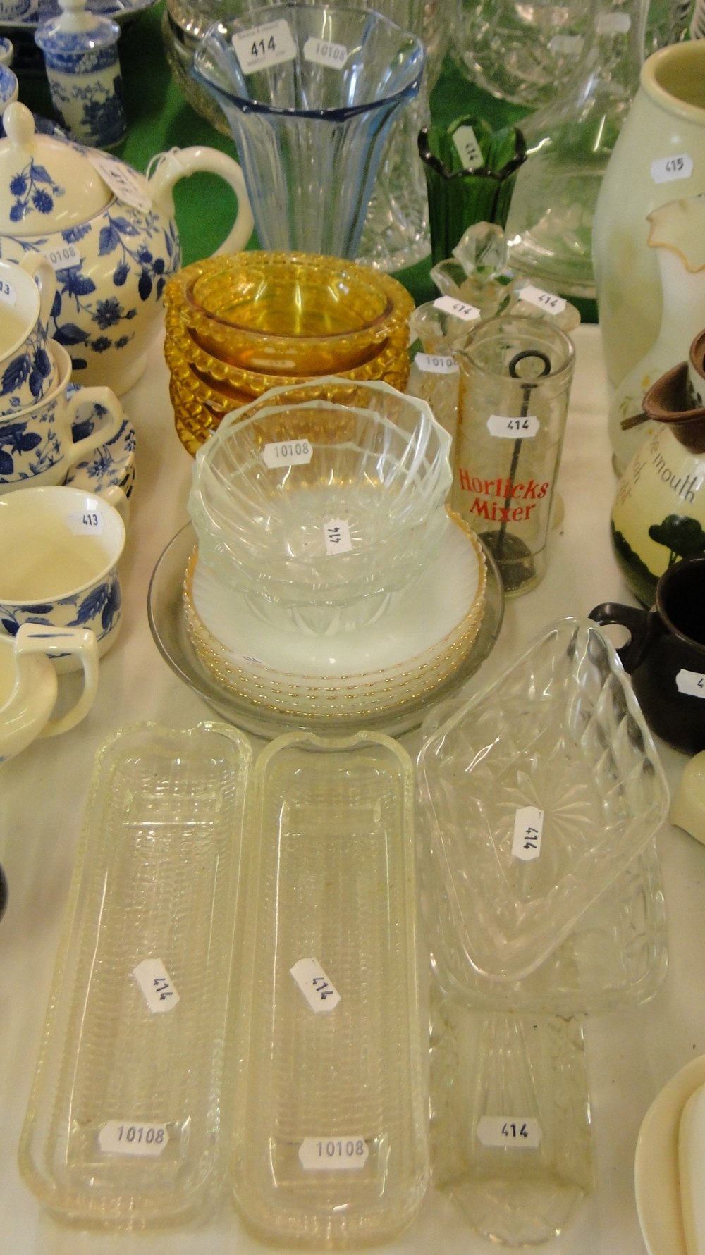 A Horlicks mixer, glass bowls, vases, etc.