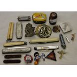 Badges, penknives, needles tin, etc.