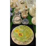 A Royal Worcester cake stand, Wedgwood cups and saucers, coffeeware, etc.