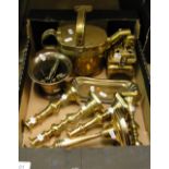 A brass hot water can, a Chinese brass censer, candlesticks, etc.
