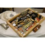 Dressing table mats, HMV gramophone needles, a compass, sample shortbread tin, etc.