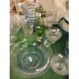 A Whitefriars blue ribbed vase, an engraved Antique glass goblet, Stuart Crystal sundae glasses,