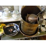 Copper quart measure, brass coal bucket, 2 dishes, etc.