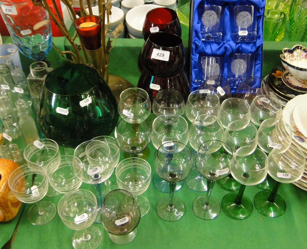A candle stand, brandy balloons, hock glasses, etc.