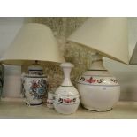 A large Iden Pottery table lamp, decanter and mug and another table lamp and shade.