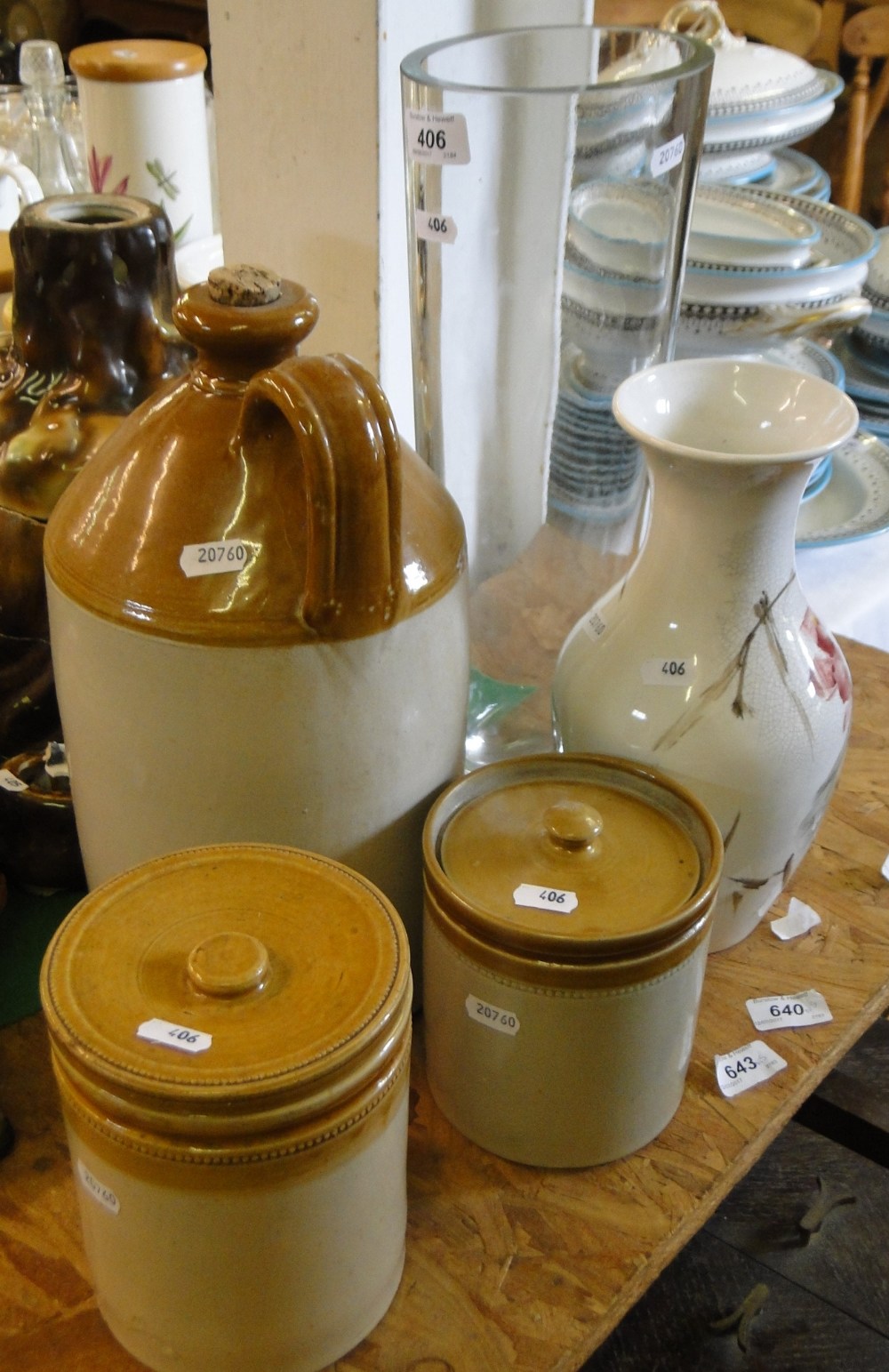 Stoneware flagon, jars, Oriental vase and a large glass vase.