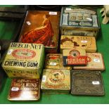 Early advertising tins including Beech-Nut chewing gum and a Ronson service outfit.